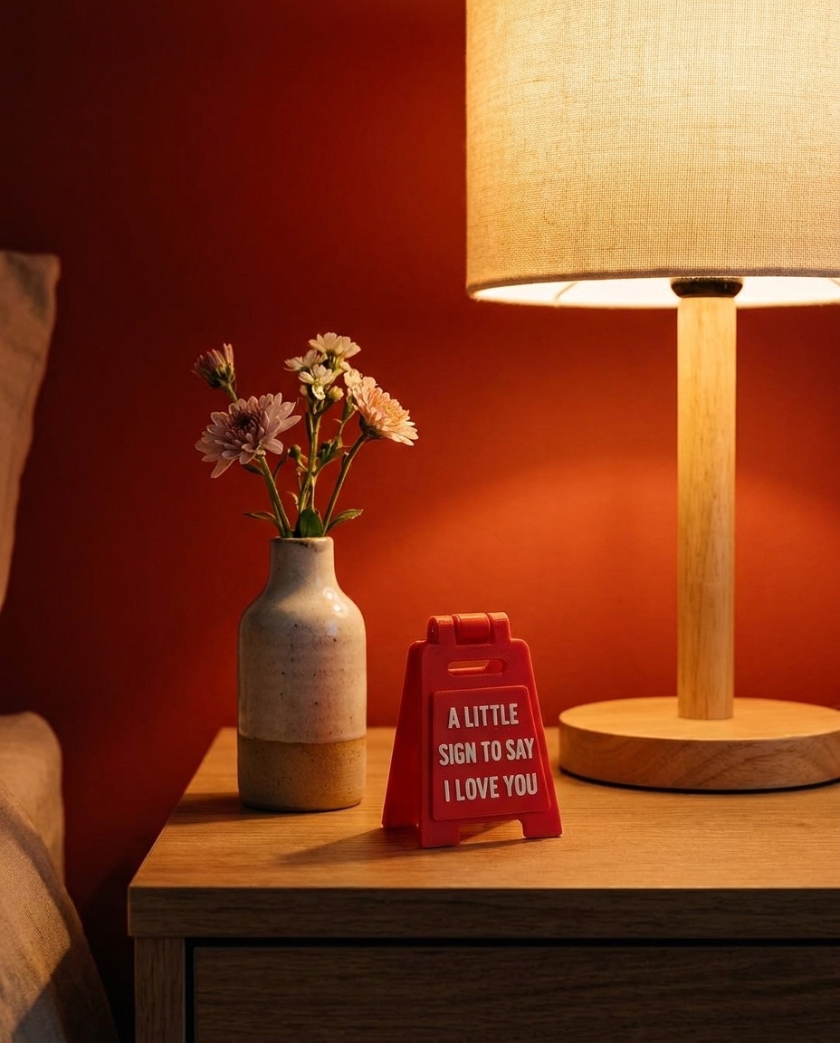 A little red sign that says I love you
