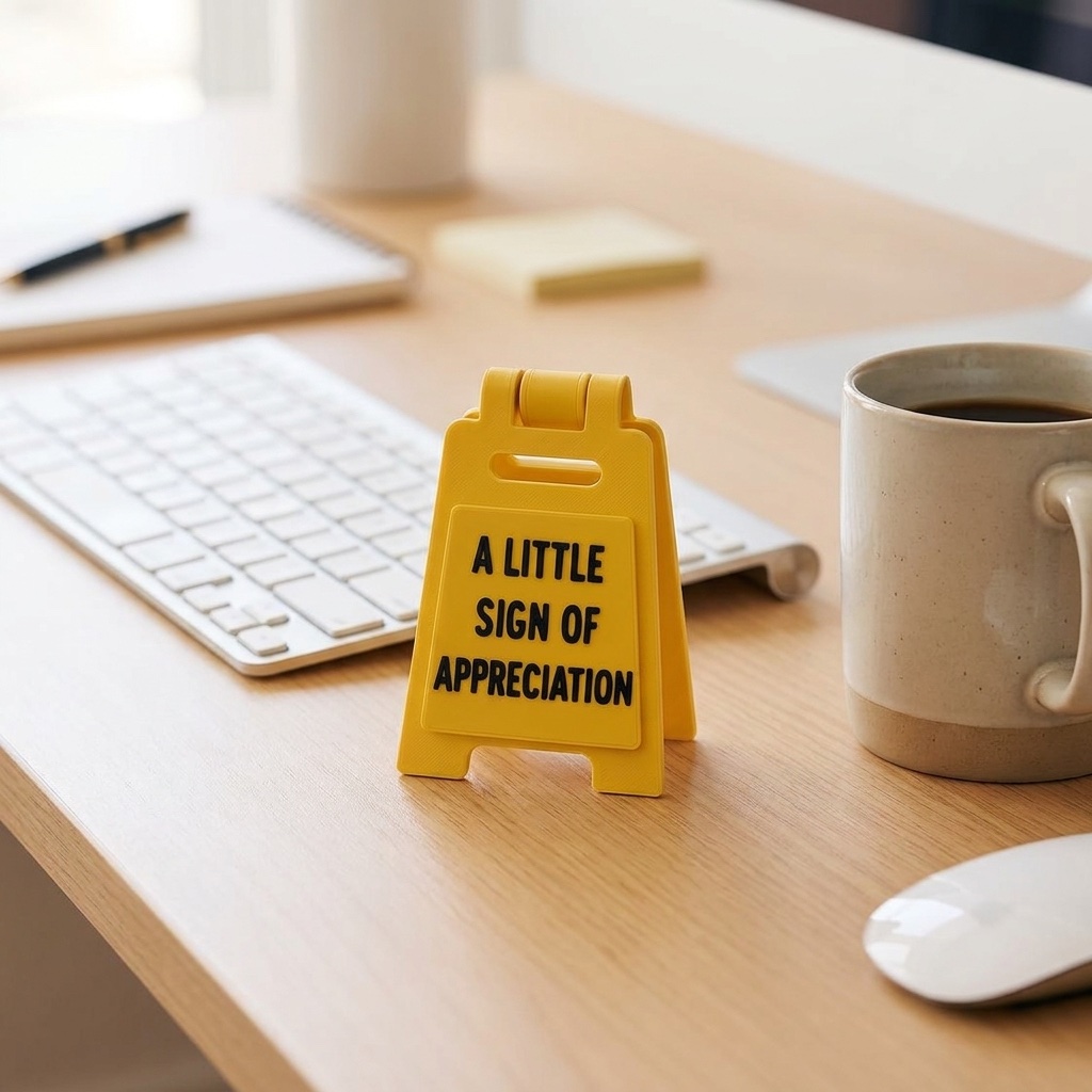 Small yellow A-frame desk sign reading “A Little Sign of Appreciation”