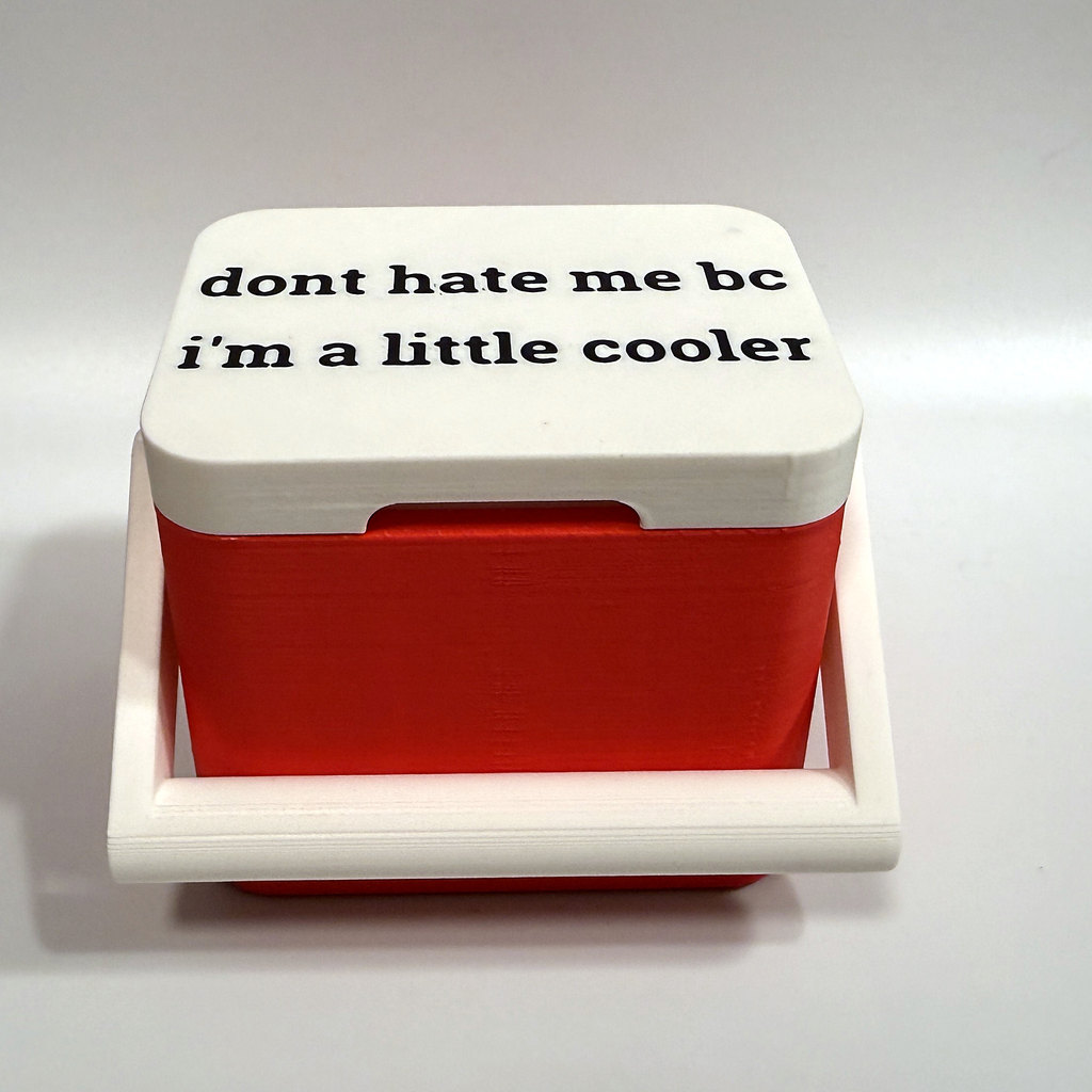 Small red cooler-shaped desk box with a white lid reading “dont hate me bc i’m a little cooler”