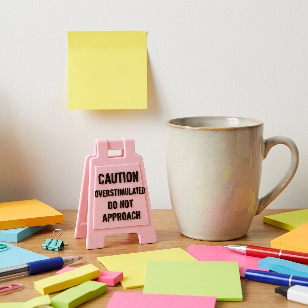 Caution Overstimulated desk sign in pink next to a coffee mug