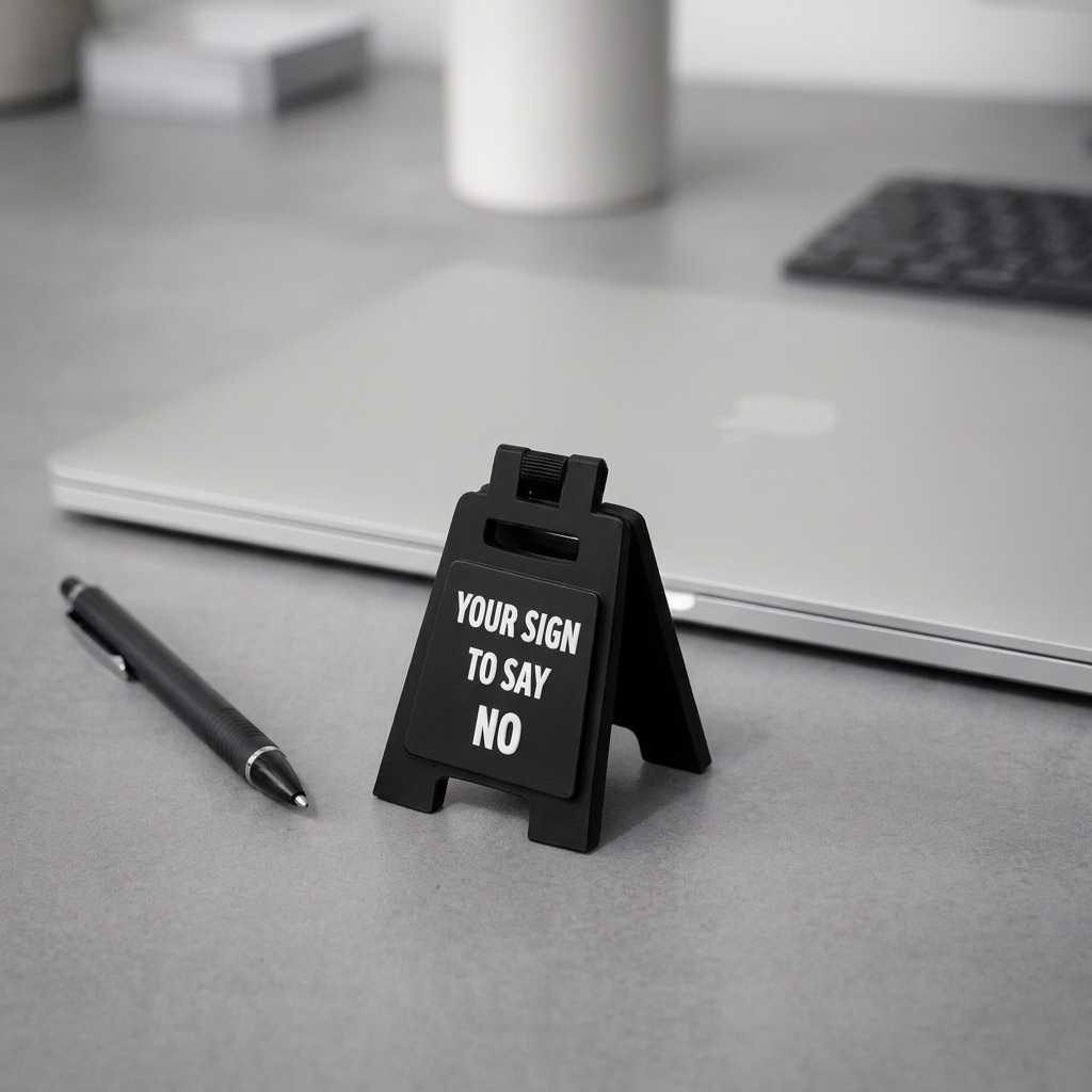Small black A-frame desk sign reading “Your Sign To Say No”