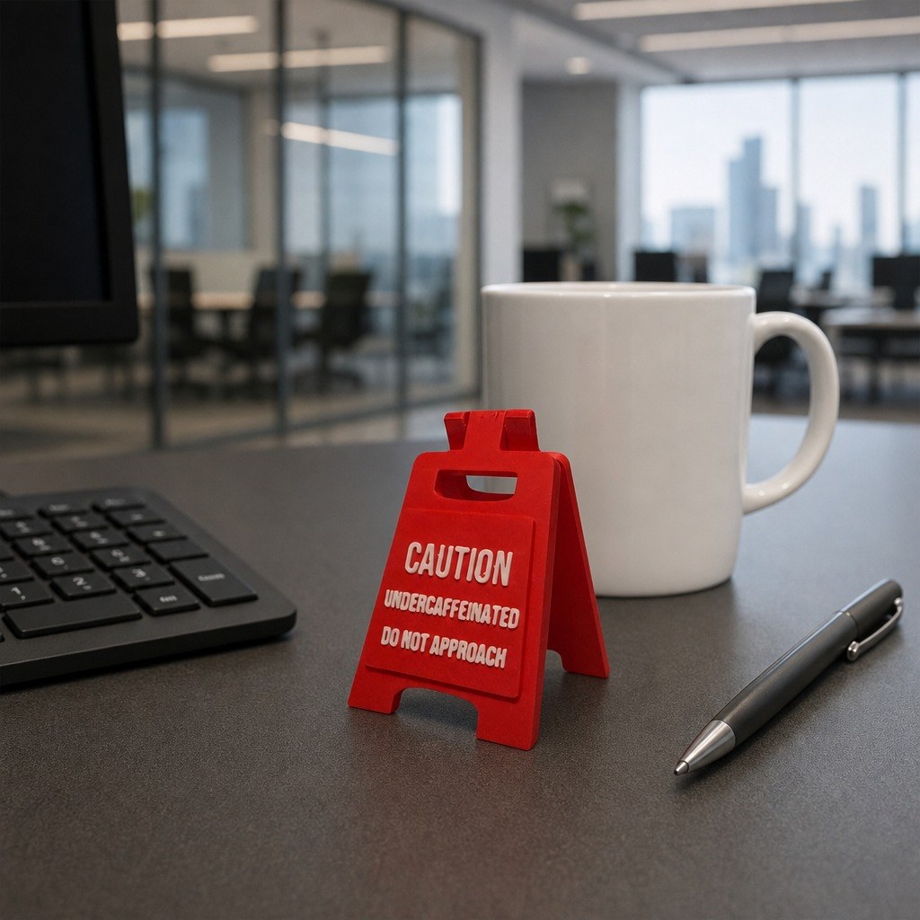 Red caution-style desk sign reading “Caution: Undercaffeinated, Do Not Approach”